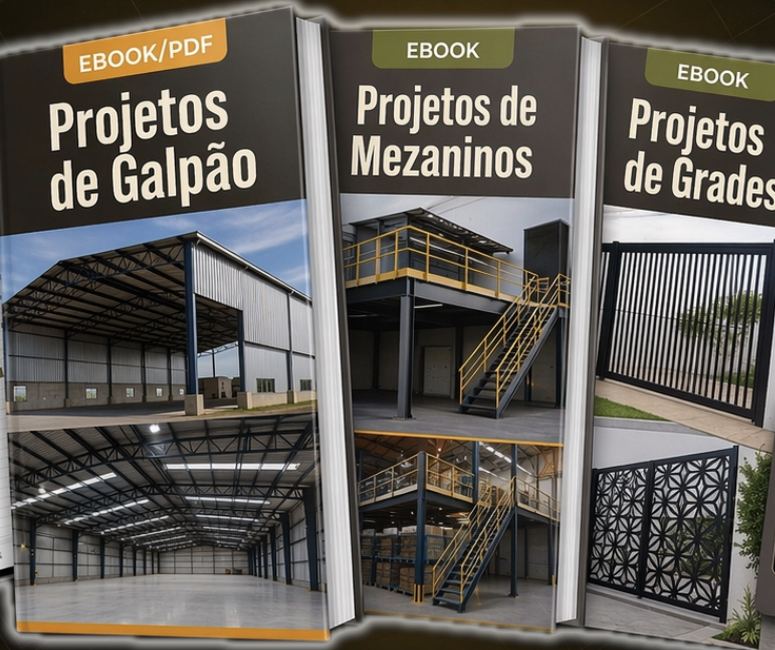 Capas dos cadernos Projetos de Galpão, Projetos de Mezaninos e Projetos de Grades